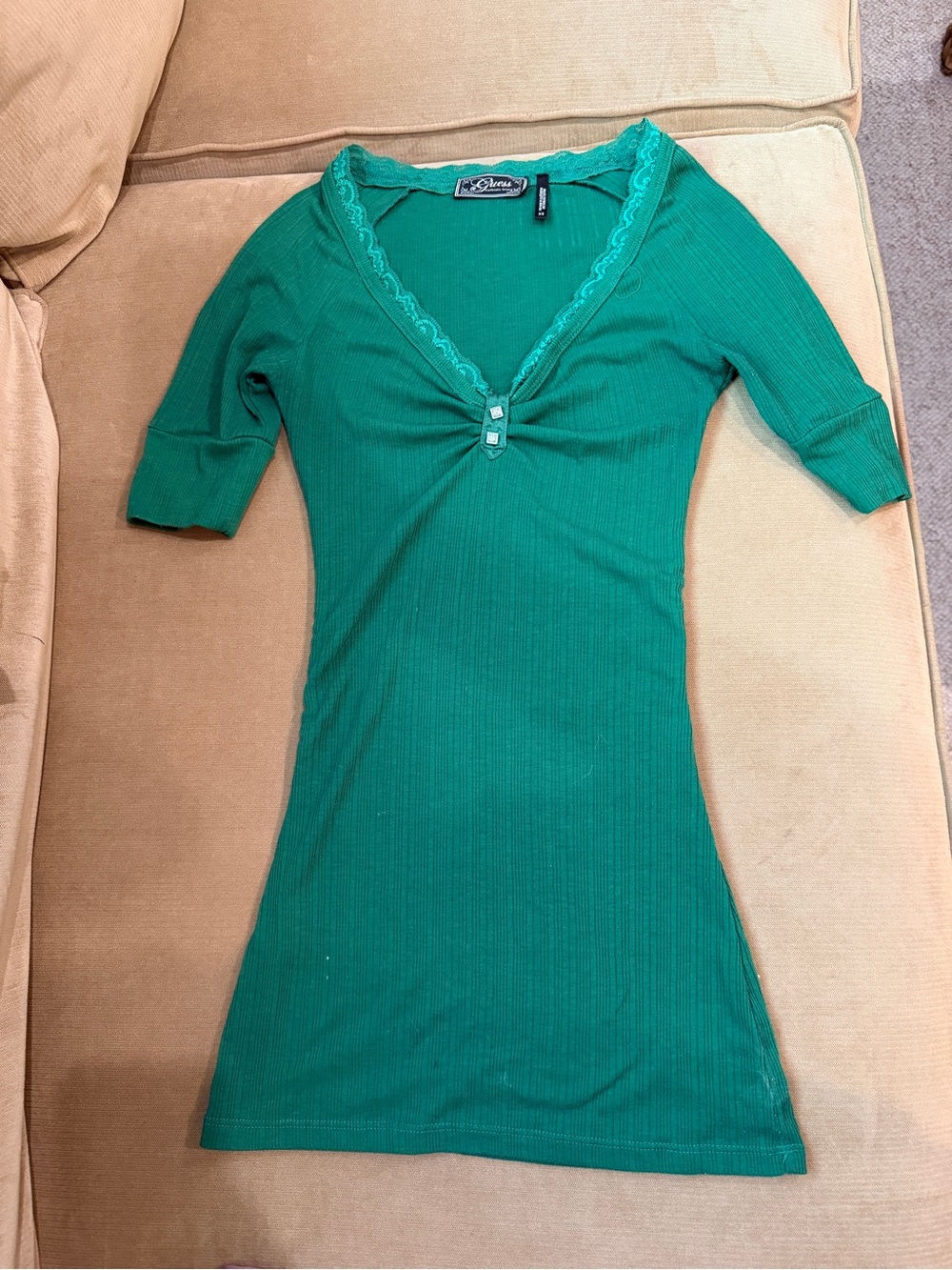 Guess Green Ribbed V-Neck Mini Top with Lace Trim